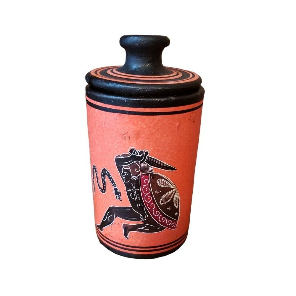 Greek Pottery Jar  Lid Small Handmade Greece No. 12 Warrior Snake Sword Painted